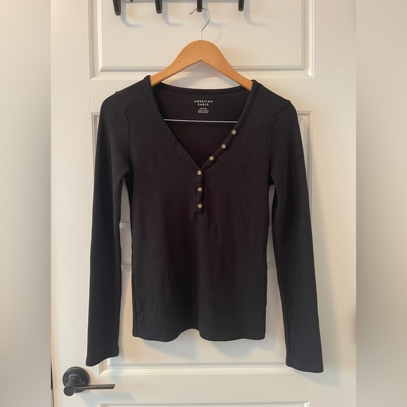 American Eagle Long Sleeve Henley T-Shirt | Black | M - Picture 2 of 7